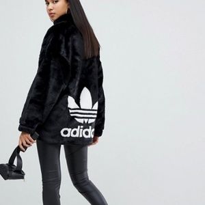 adidas originals faux fur jacket with back trefoil logo in black